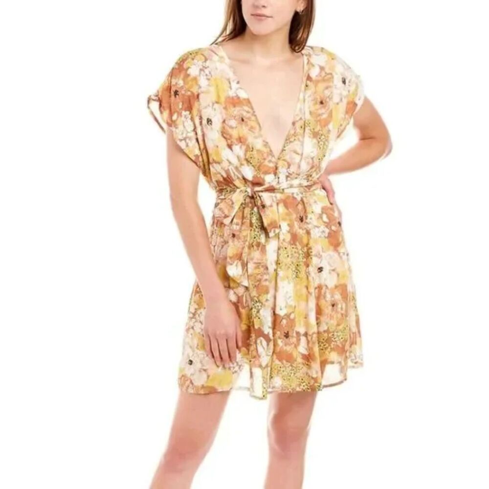 Free People Freddy Mini Dress Womens M Floral V-Neck Tie Western Boho Chic Cocoa